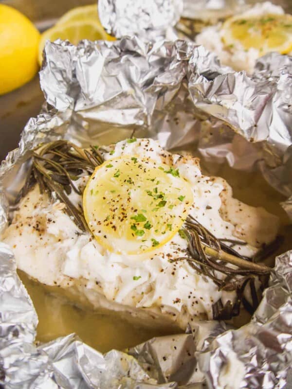 Oven baked halibut in foil with lemon and rosemary.