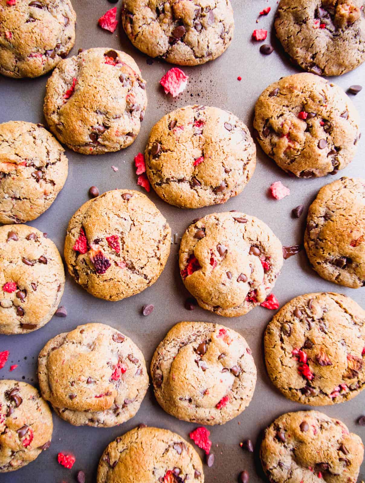 Paleo Strawberry Chocolate Chip Cookies on a cookie sheet.