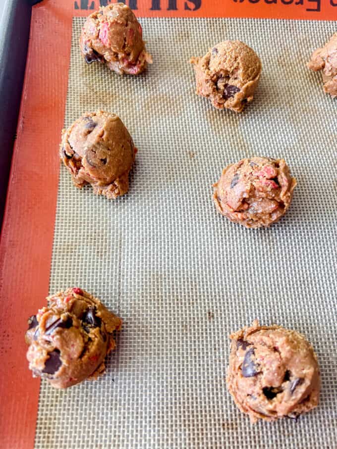 Cookie dough on cookie sheet.