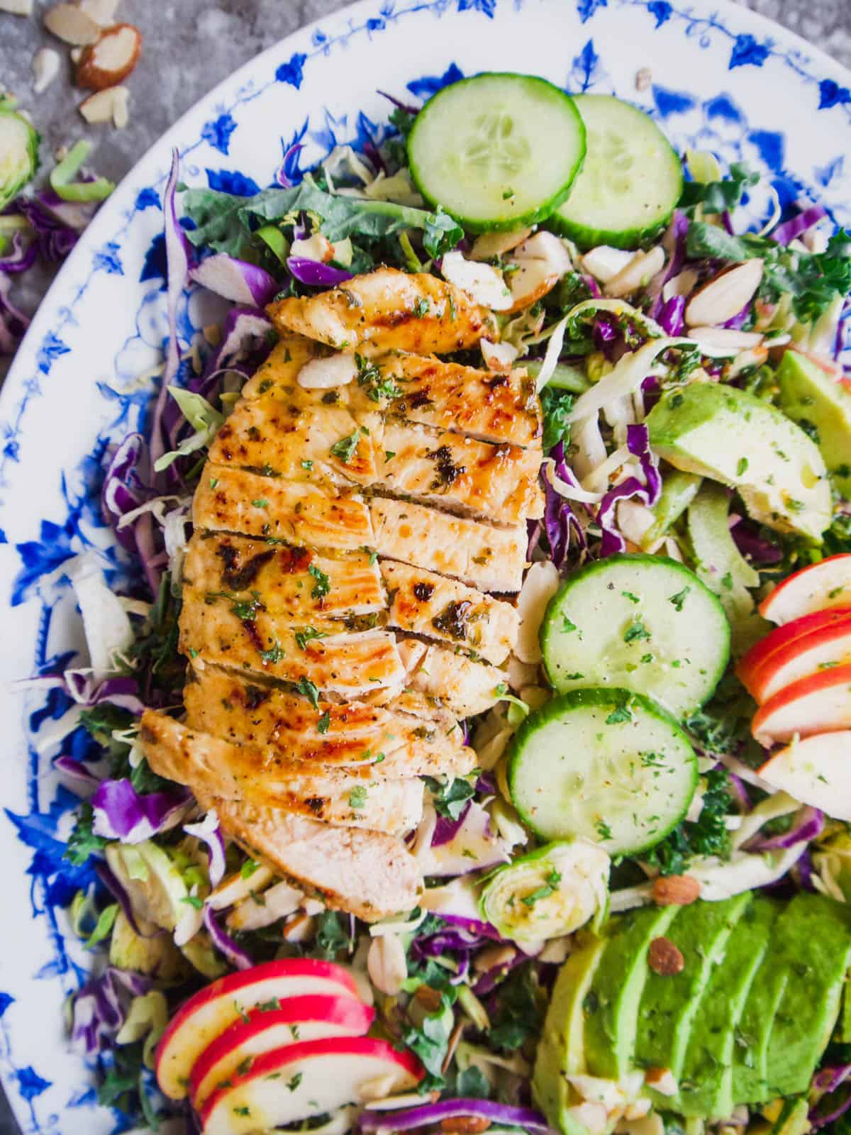 Close up shot of shredded kale salad with sliced grilled chicken on top.