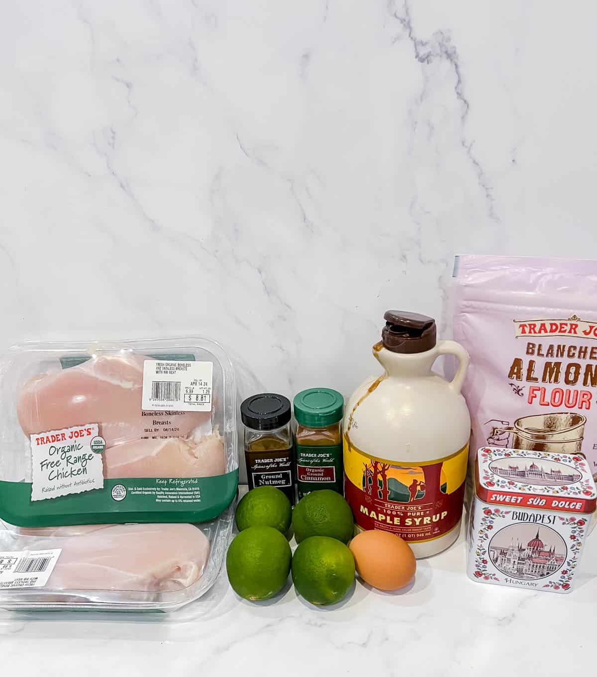 Ingredients used to maple maple lime almond flour breaded chicken.