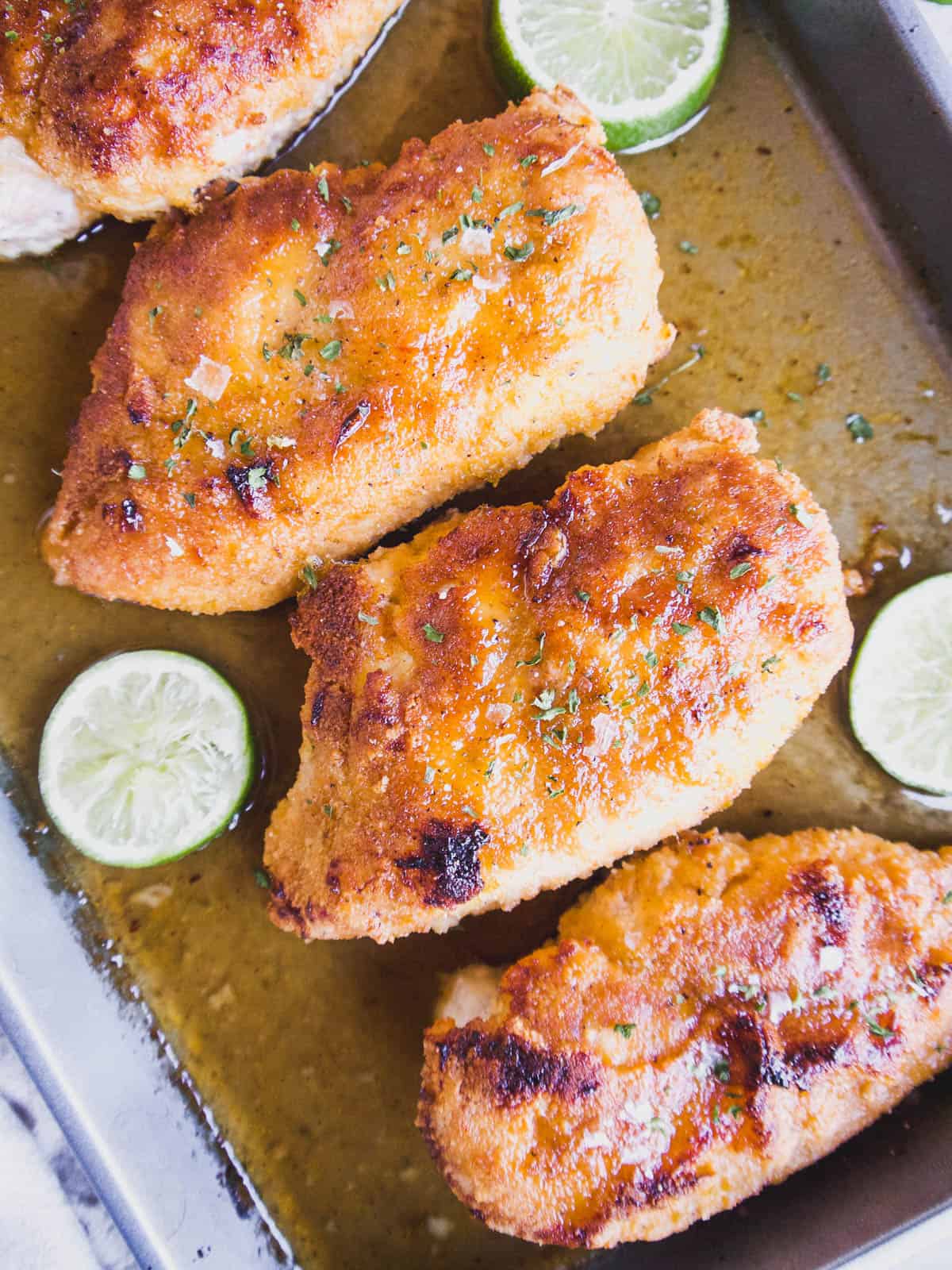 Almond flour maple lime chicken after cooking.