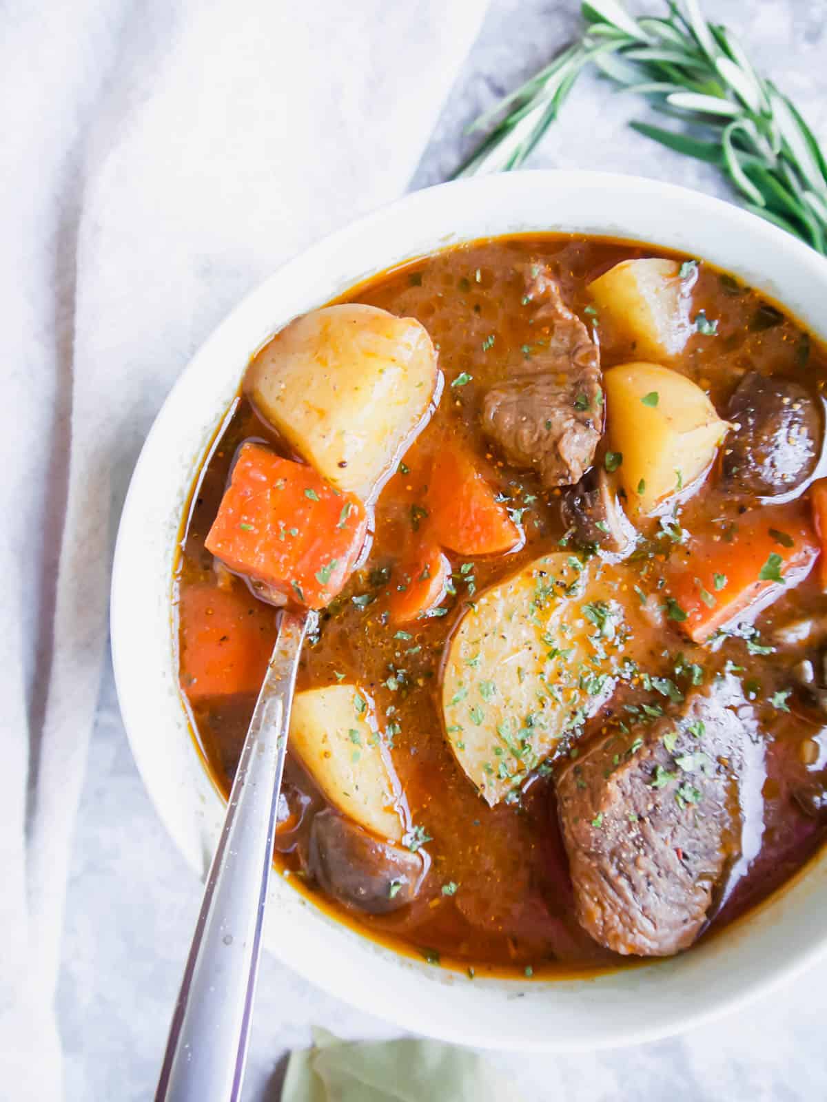 Whole30 beef stew in a large bowl.