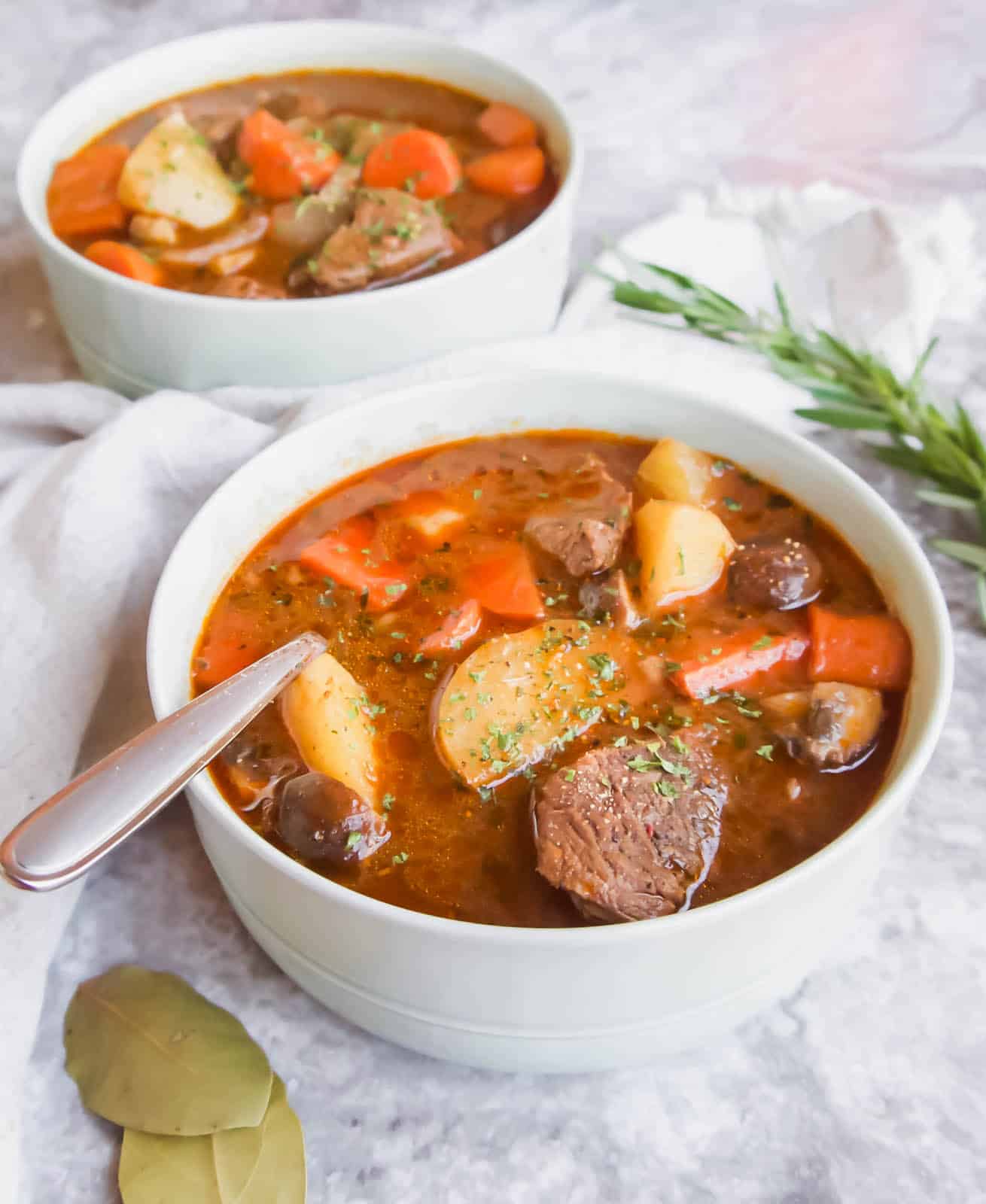 Paleo Irish stew in a bowl from a side angle.