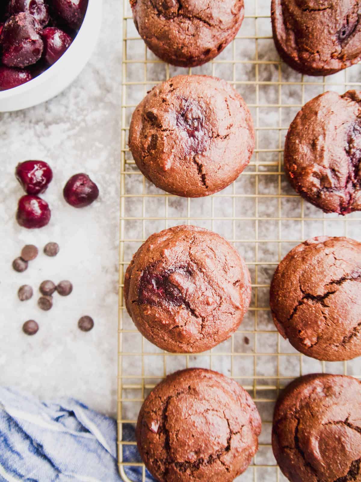 Healthy chocolate muffins with cherries cooling on drying rack.