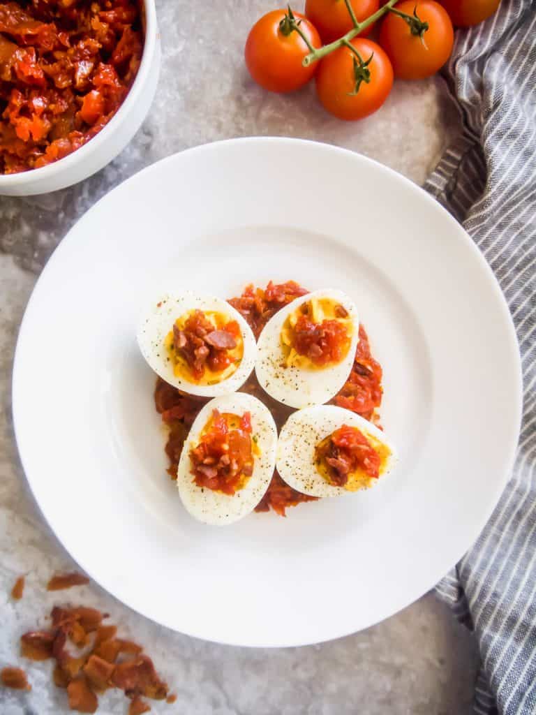 Paleo Deviled Eggs topped with Tomato Bacon Jam (GF) | Perchance to Cook, www.perchancetocook.com