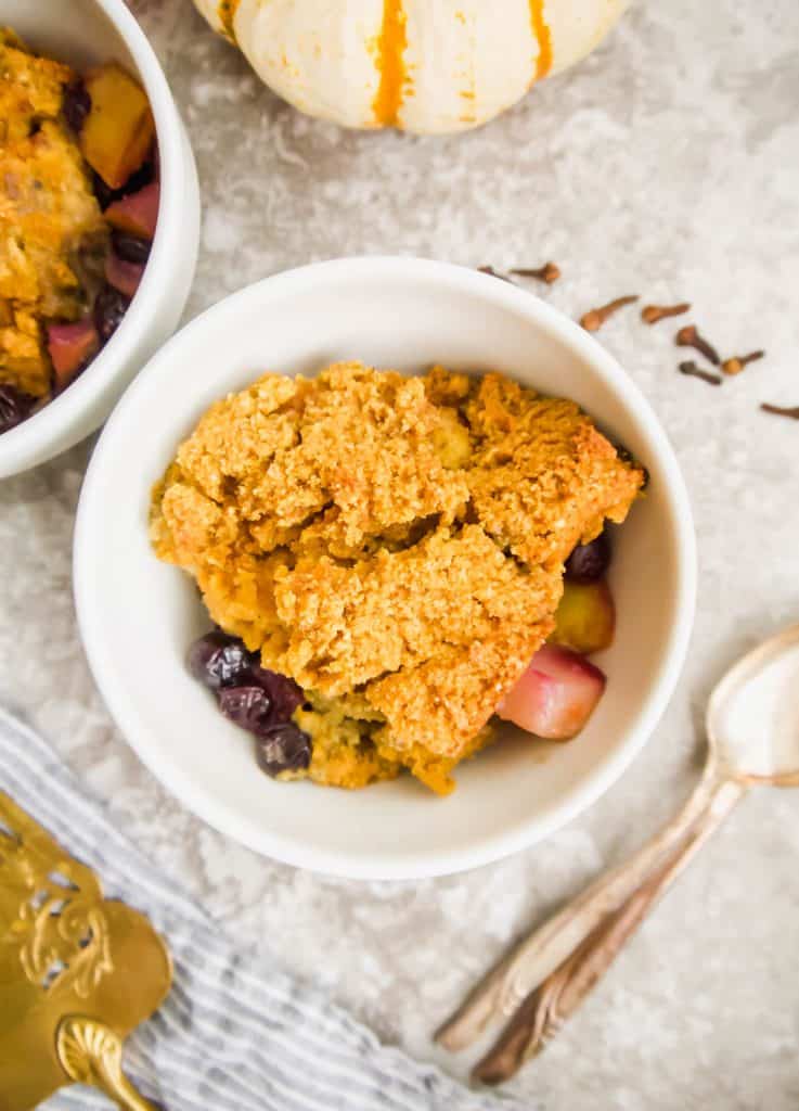 Pear and Blueberry Pumpkin Cookie Cobbler (Paleo, GF) | Perchance to Cook, www.perchancetocook.com