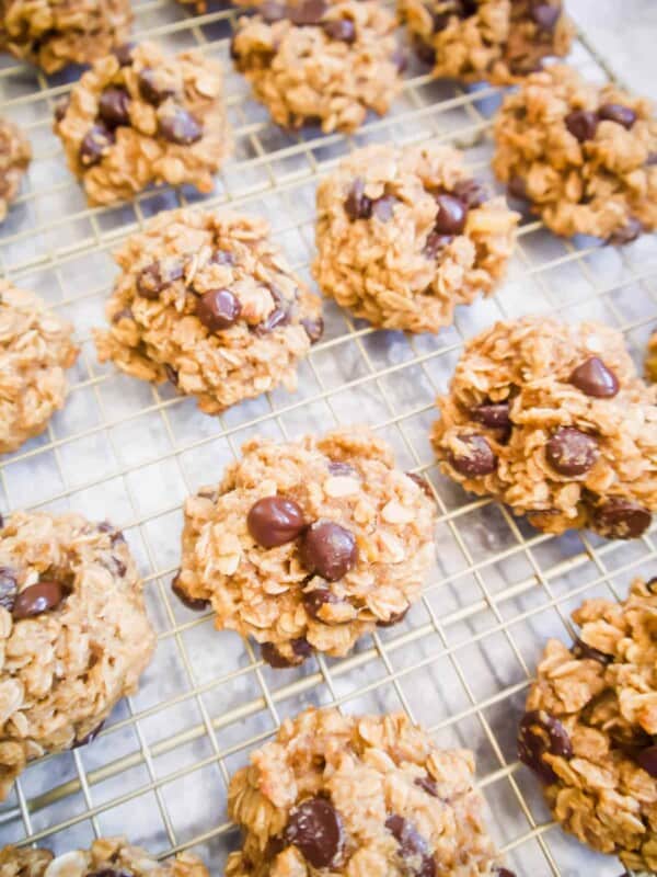 Gluten free banana oatmeal cookies cooling on a drying rack.