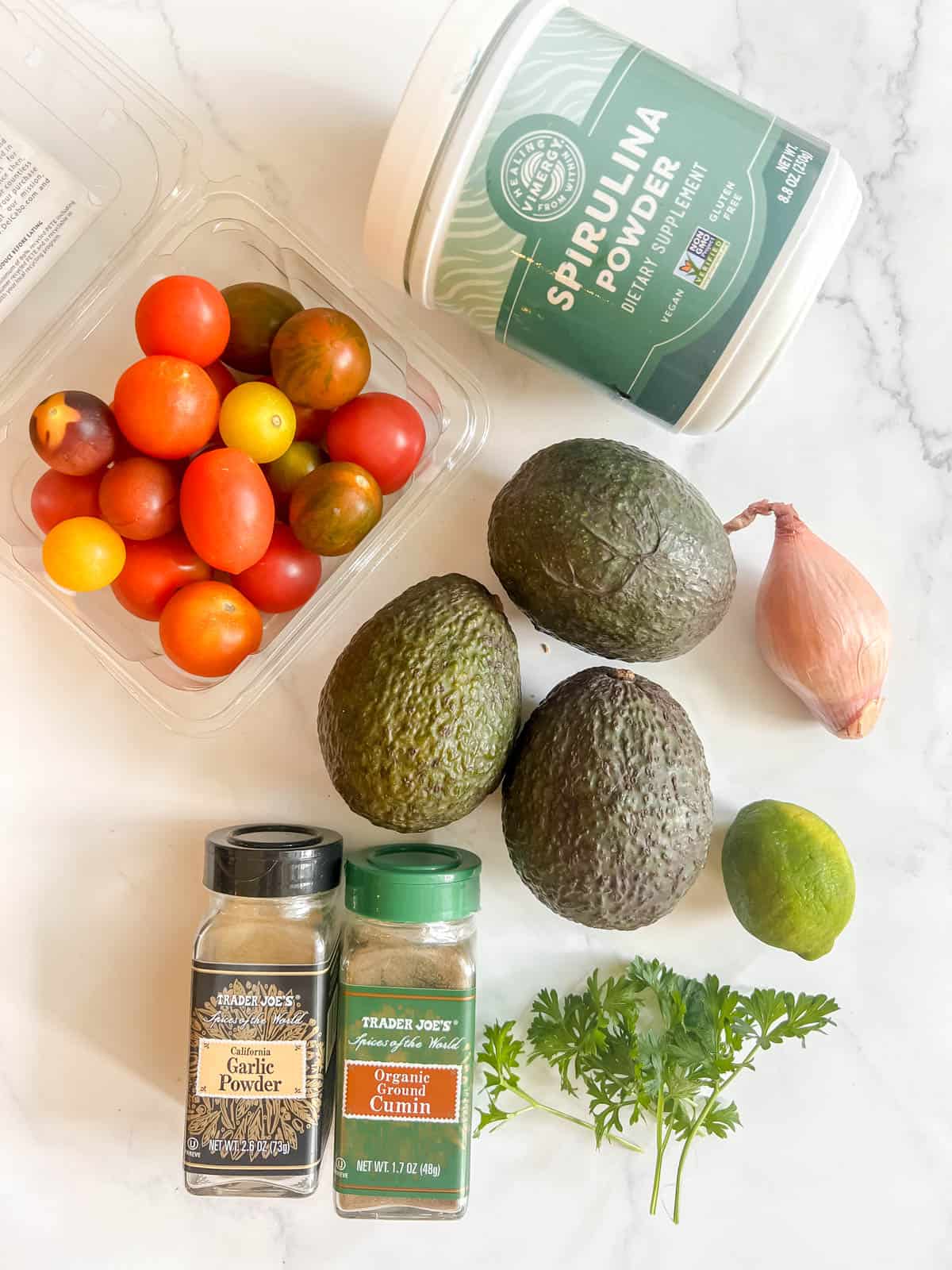 Ingredients needed to make Spirulina Guacamole.