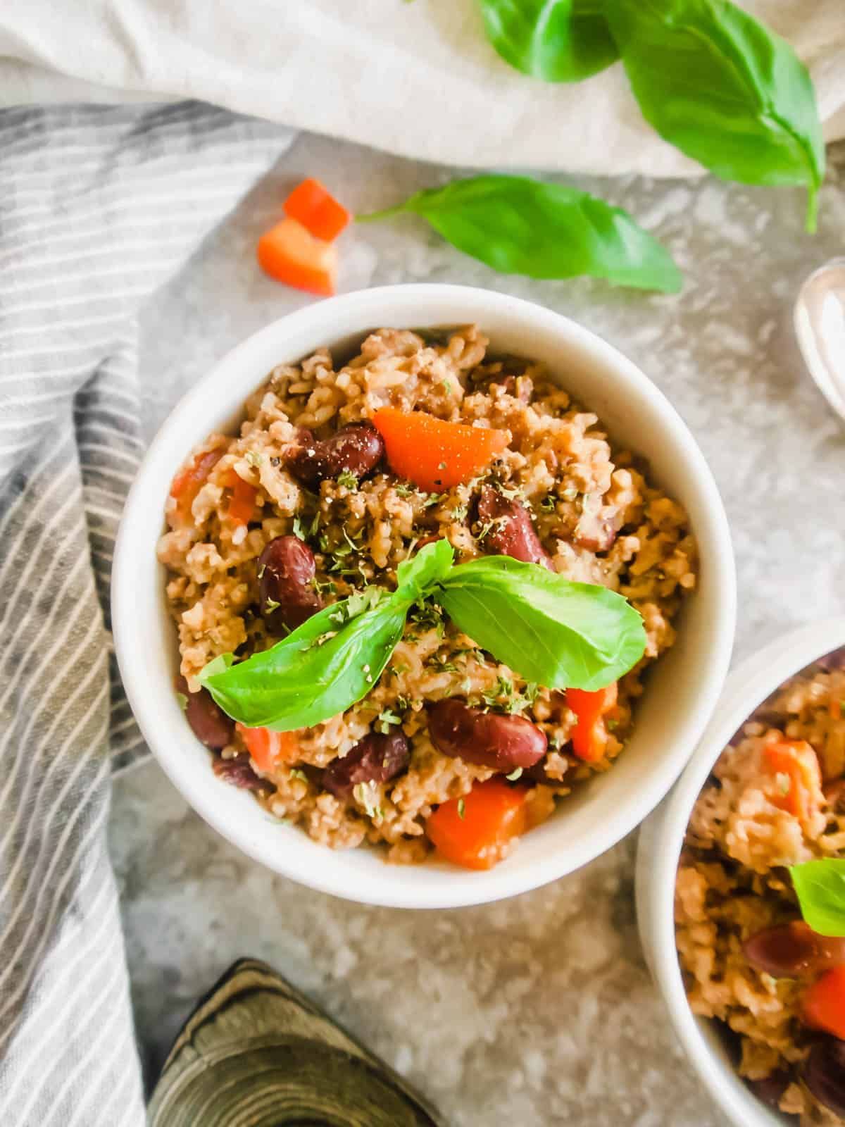 Turkey rice and beans in two bowls. Aerial view.