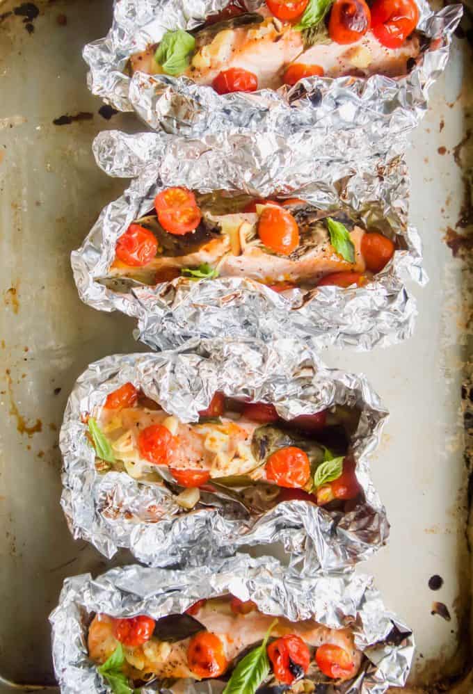Cherry Tomato, Garlic, and Basil Baked Salmon in Foil | Perchance to Cook, www.perchancetocook.com