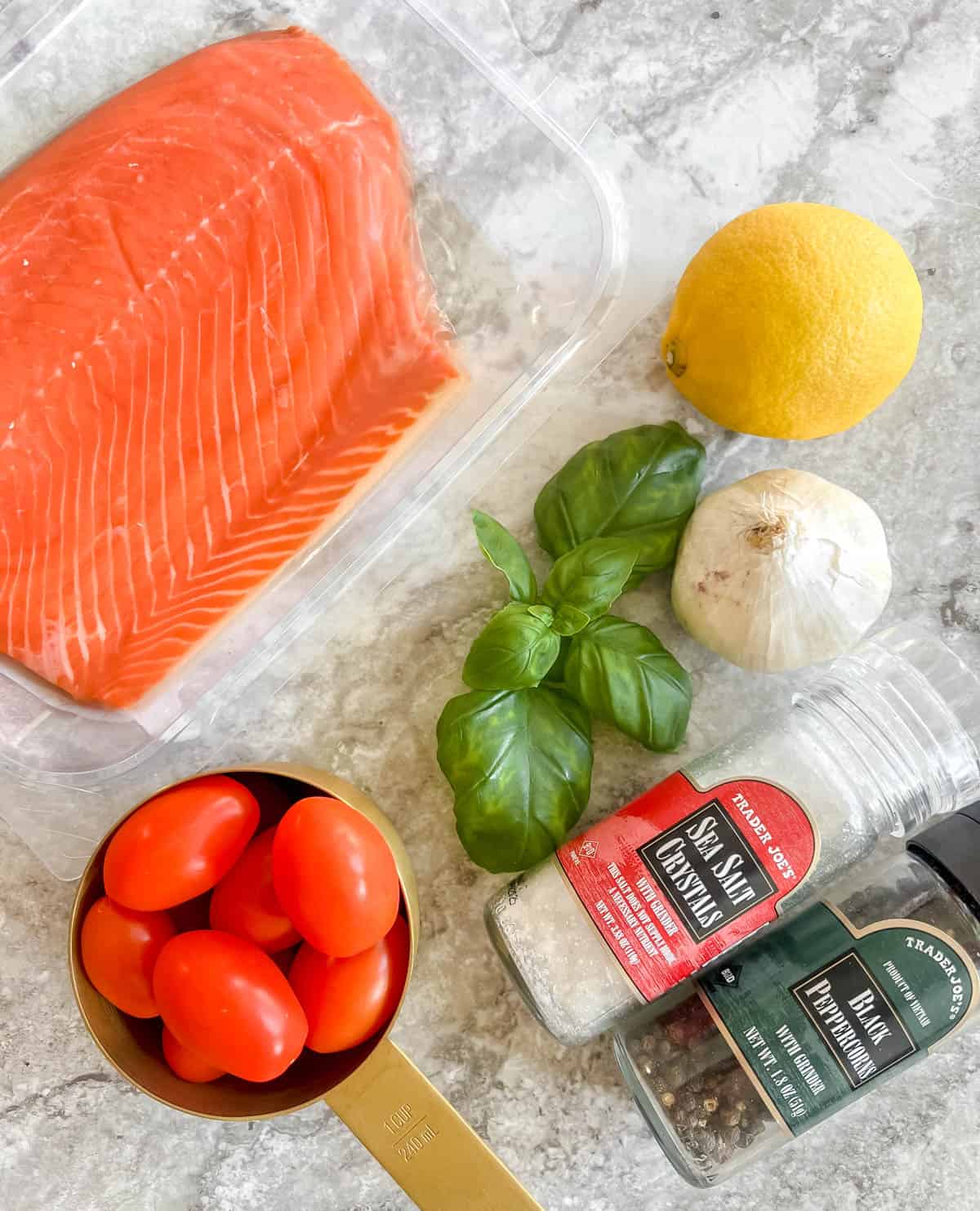 Ingredients needed to make Oven Baked Basil Tomato Salmon in Foil.