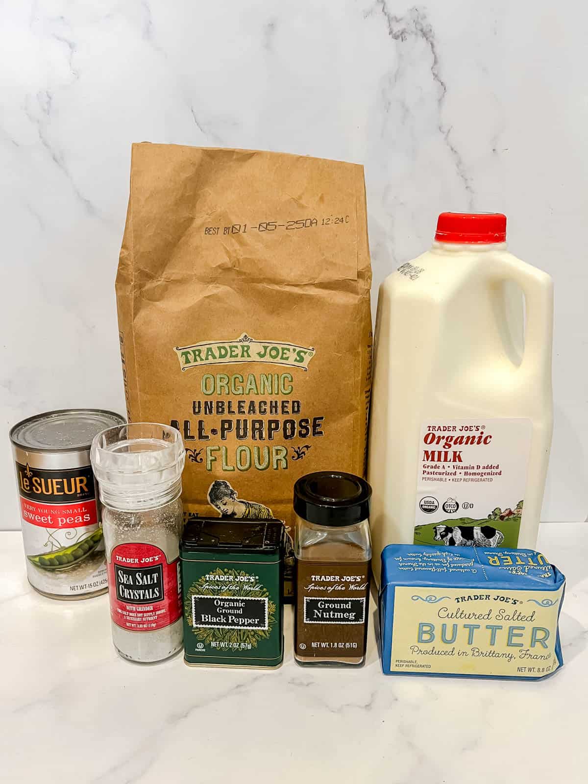 Ingredients needed to make creamed peas.