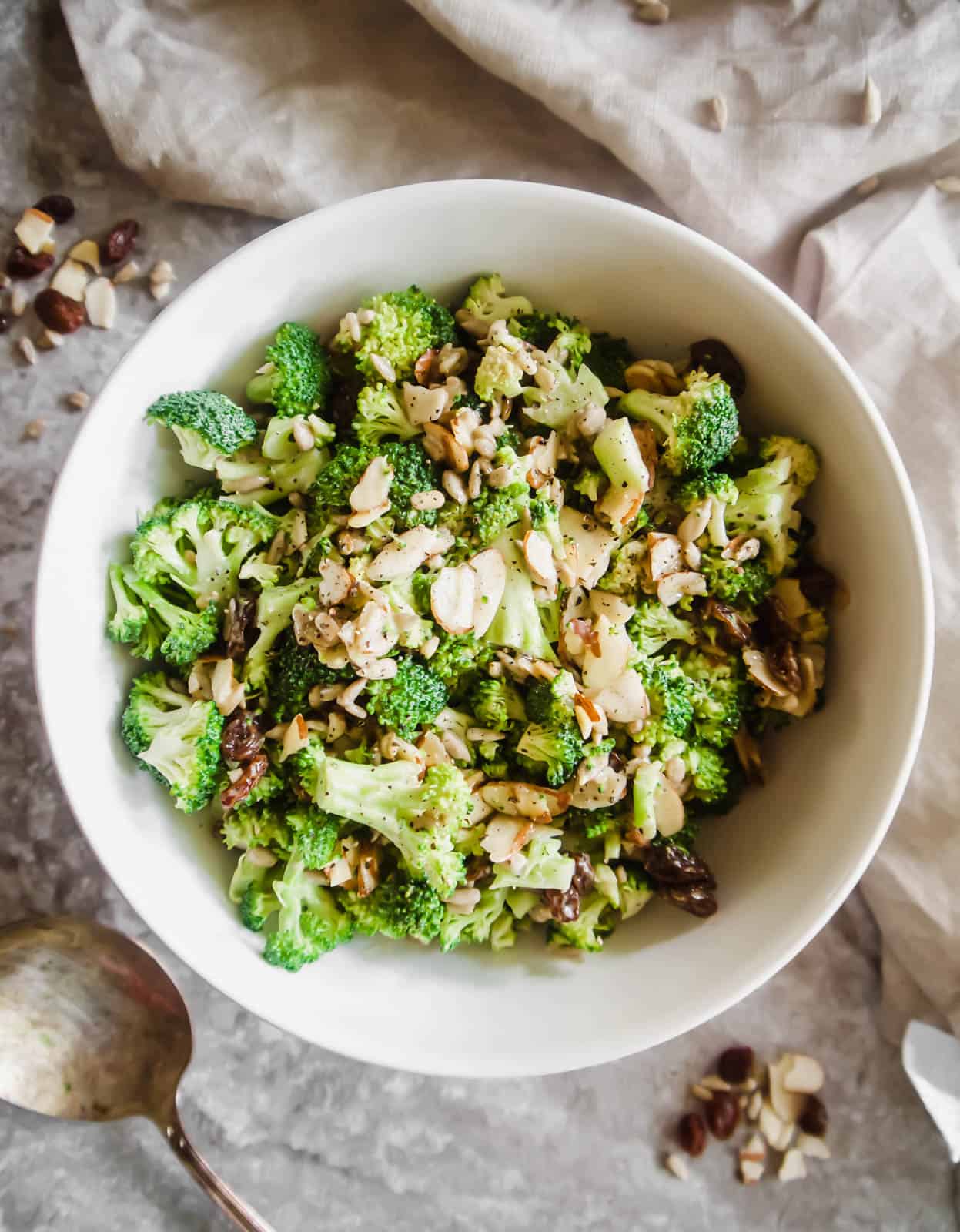 The whole dairy-free broccoli salad mixed together in a large bowl.