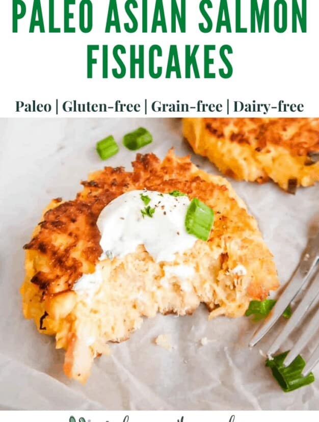 A healthy easy fishcakes recipe made with baked salmon, almond flour, eggs, and a delicious homemade asian sauce. Gluten-free, grain-free, dairy-free.