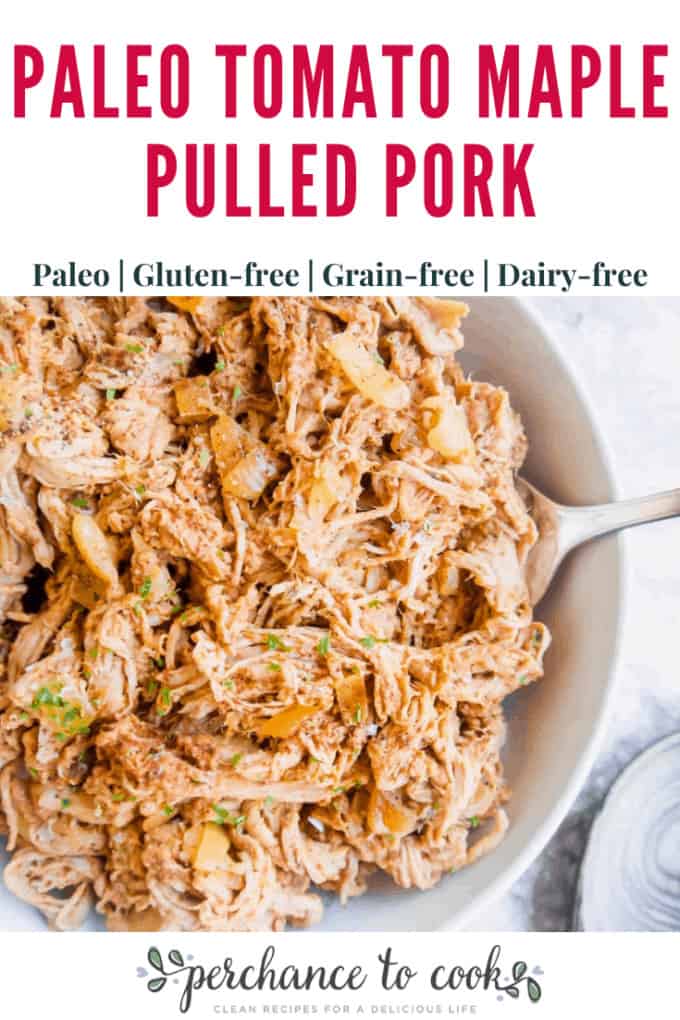 A healthy slow cooker pulled pork recipe made with tomatoes, maple syrup and spices.