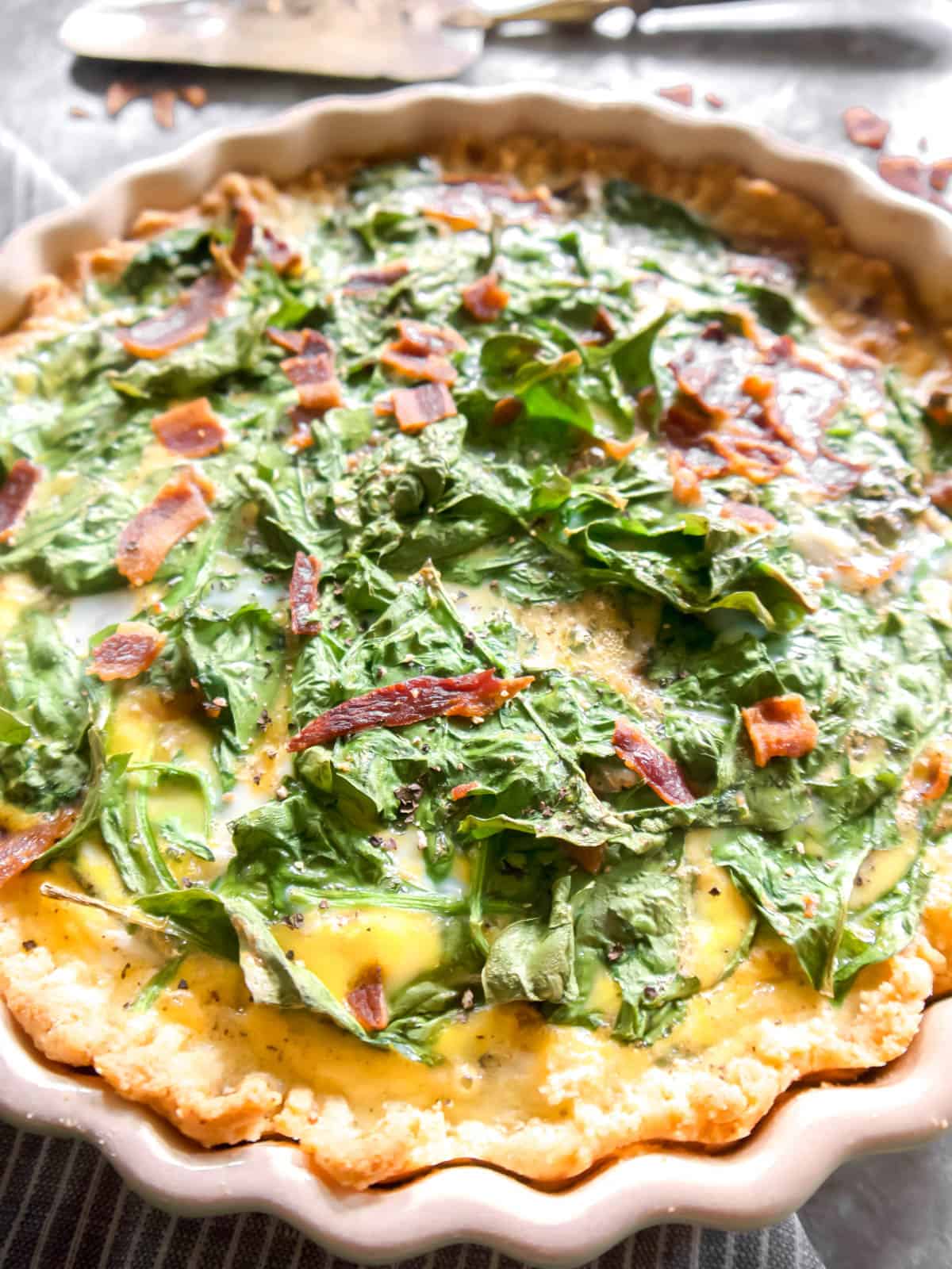 Gluten-free Bacon Spinach Quiche before being served.
