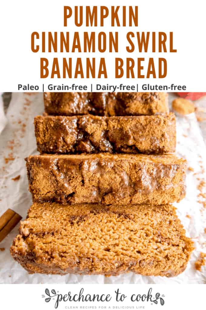 A delicious grain-free banana bread with swirls of pumpkin pie spiced cinnamon coconut sugar goodness and subtle hints of pumpkin.