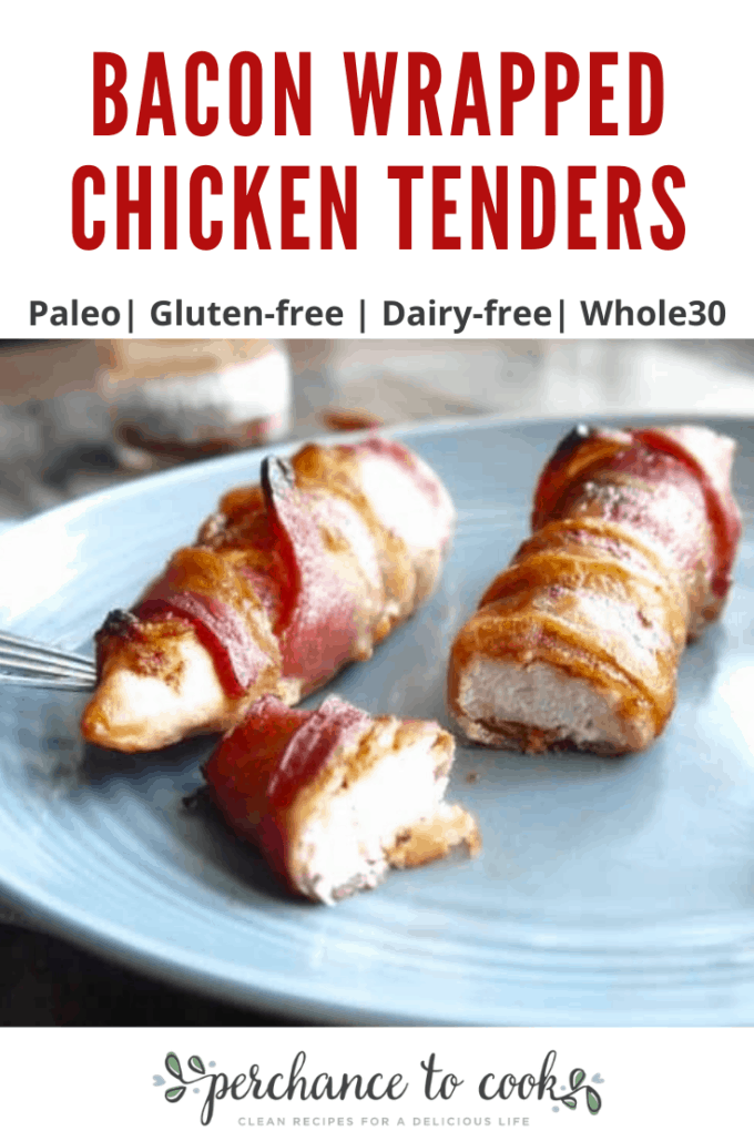 An easy and quick recipe for flavorful, juicy, bacon covered, chicken tenders. Naturally Paleo, Gluten-free, and Whole30.