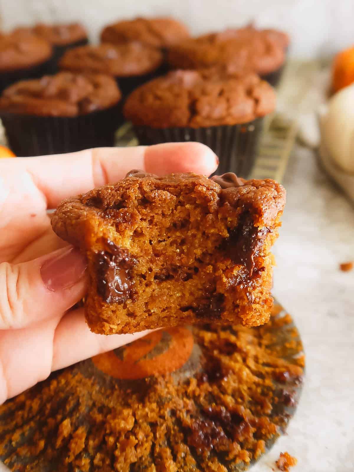 A bite taken out of a dairy-free pumpkin muffin with chocolate chips.