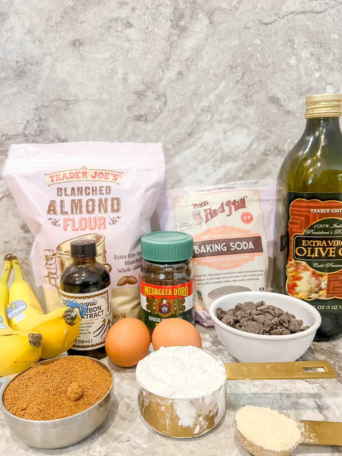 Ingredients needed to make Espresso Banana Bread with chocolate chips.