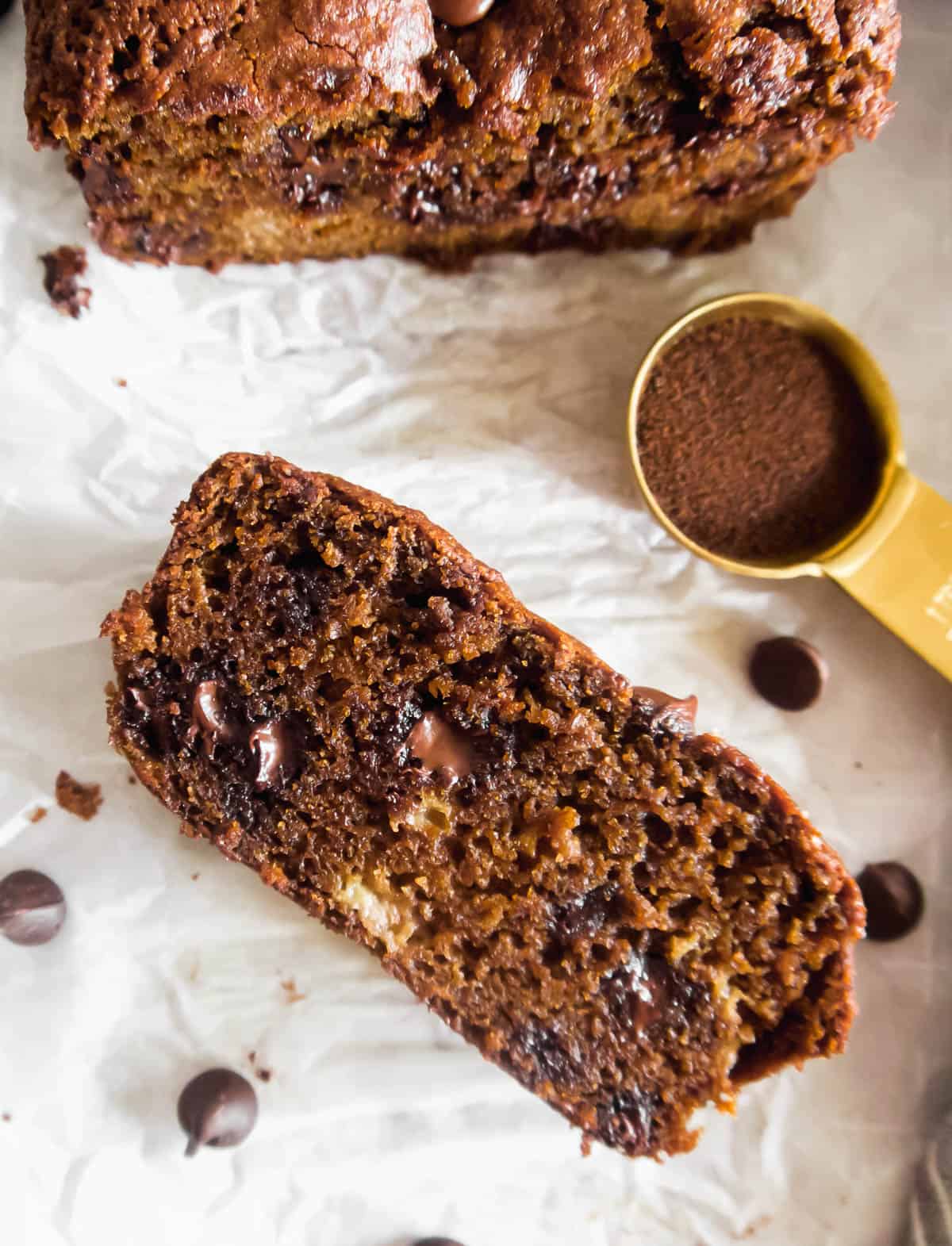 Paleo recipe for banana bread with espresso and chocolate chips.