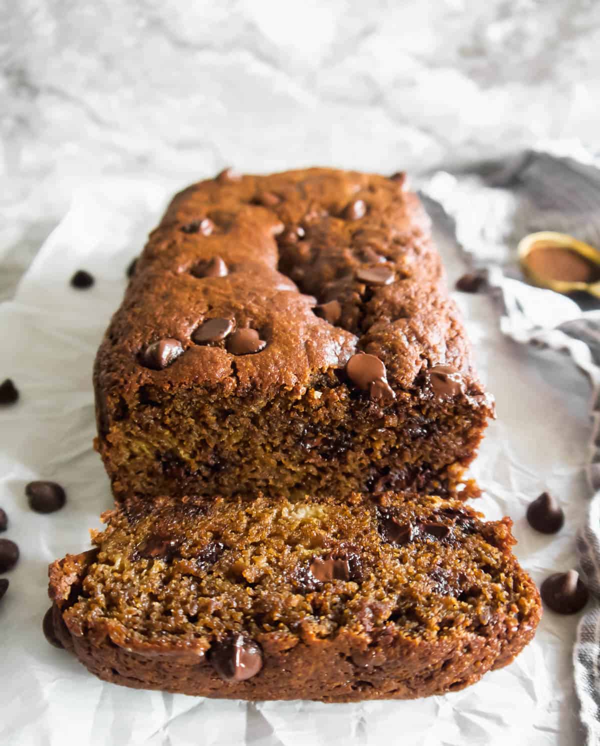 Gluten free dairy free banana bread with espresso and chocolate chips.