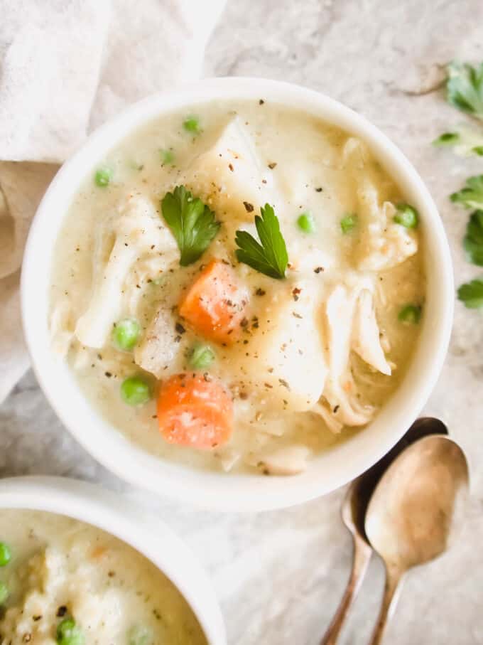 Slow Cooker Healthy Chicken Pot Pie Soup (Whole30, Paleo, Dairy-free) | Perchance to Cook, www.perchancetocook.com