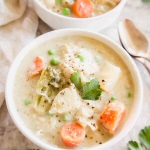Slow Cooker Healthy Chicken Pot Pie Soup (Whole30, Paleo, Dairy-free) | Perchance to Cook, www.perchancetocook.com