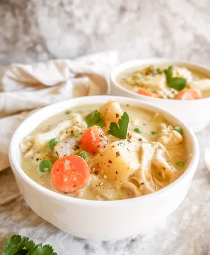 Slow Cooker Healthy Chicken Pot Pie Soup (Whole30, Paleo, Dairy-free) | Perchance to Cook, www.perchancetocook.com