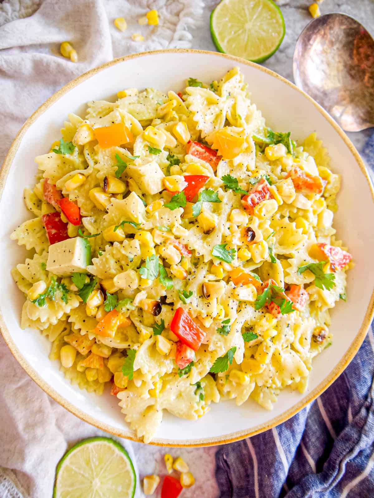 Dairy-free Mexican Street Corn Pasta Salad in a large bowl ready to be served.