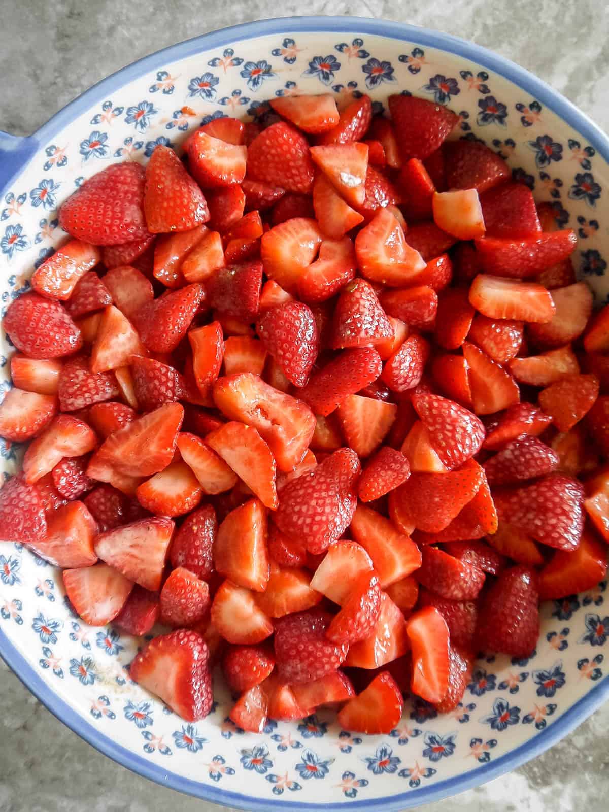 Strawberry filling prepped in a dish.