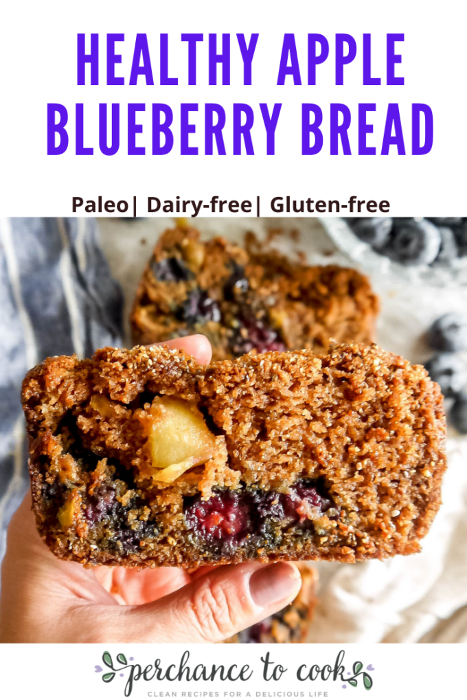 Healthy Apple Blueberry Bread recipe. A delicious almond flour apple bread made with coconut sugar, almond flour, apples, and blueberries and seasoned with cinnamon and nutmeg. 