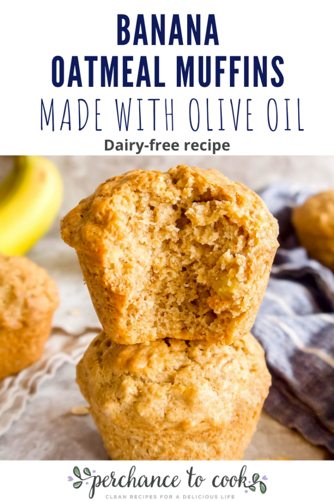 These dairy-free banana oatmeal muffins are yummy fluffy banana muffins made healthier by using rolled oats, almond milk and olive oil. 