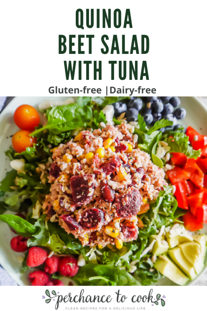 Quinoa Beet Salad with Tuna recipe. A delicious and filling protein-packed salad full of beets, beans, corn, quinoa, and tuna. Naturally dairy-free and gluten-free.