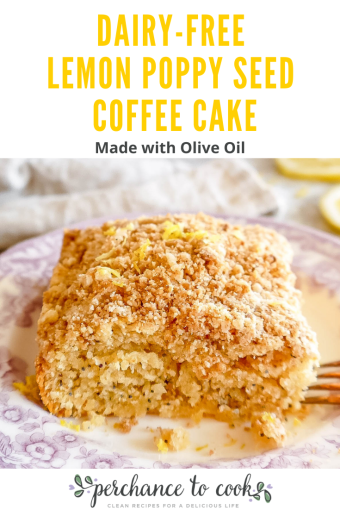 This Dairy-free Lemon Poppy Seed Coffee Cake has a soft lemon poppy seed cake base that is topped with a layer of crumbly lemon zest streusel and sprinkled with a lemon glaze. It is an easy, delicious and unique lemony twist on the classic coffee cake recipe!