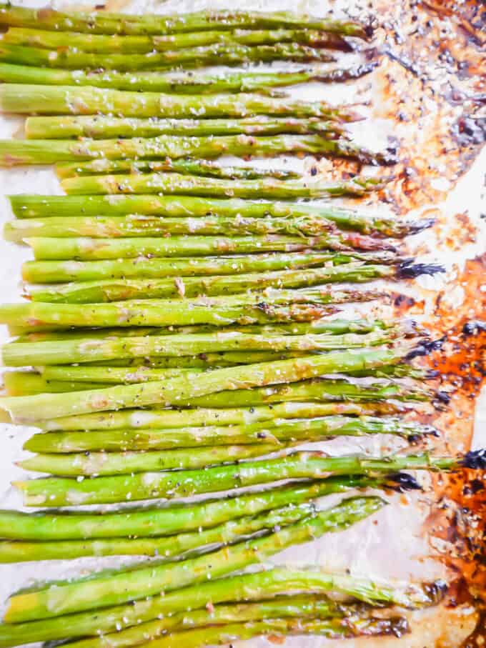 Freshly broiled asparagus out of the oven.