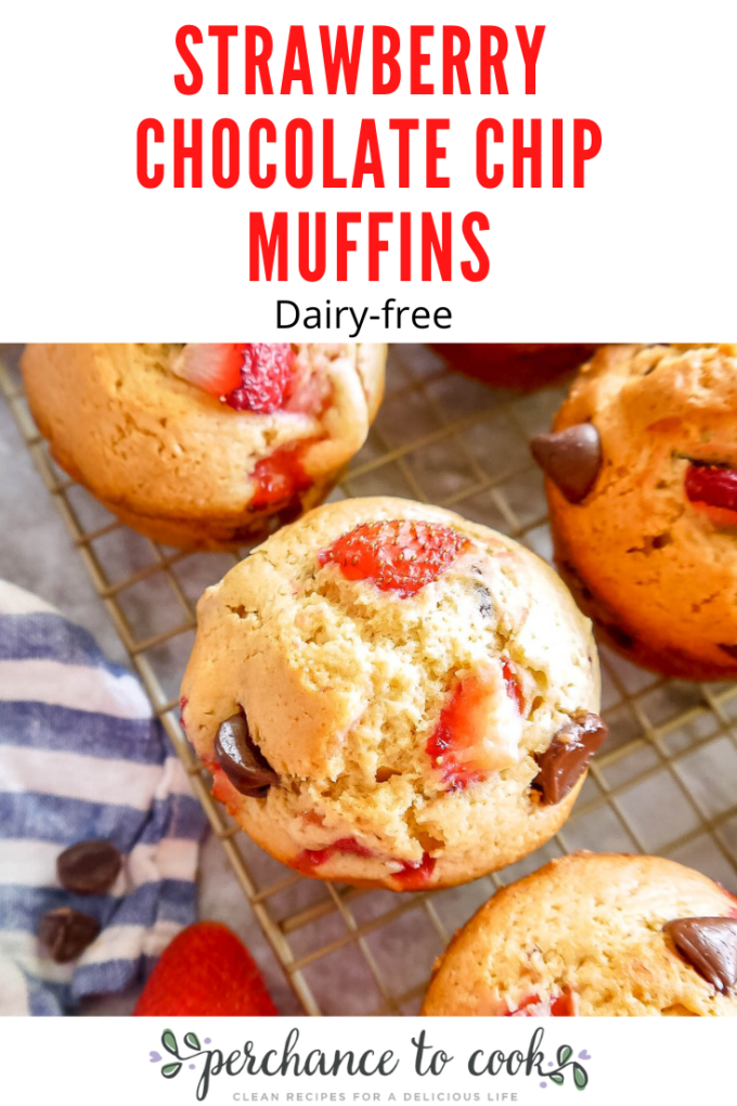 These bakery style strawberry muffins with chocolate chips are fluffy delicious muffins full of both chocolate and strawberry flavor in every bite! They are made with olive oil instead of butter, which makes them a naturally dairy-free recipe.