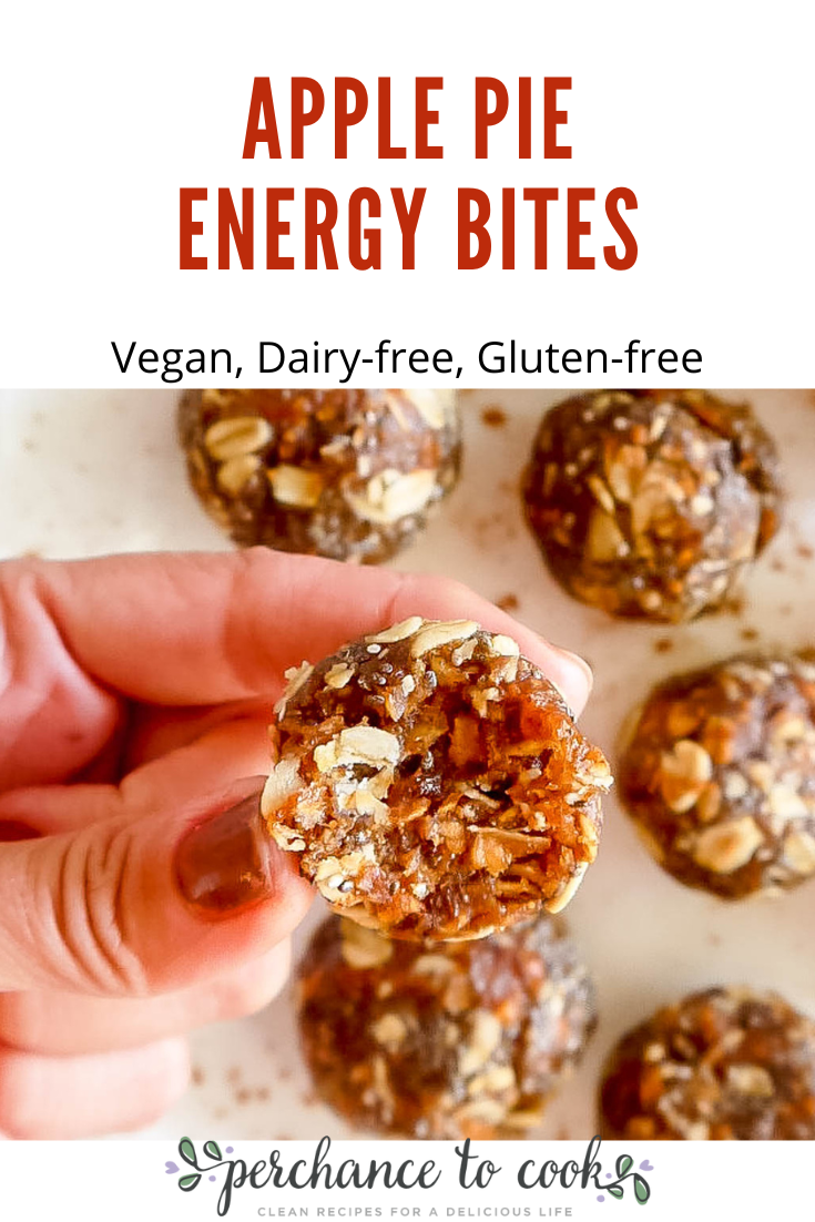 These easy no-bake Apple Pie Energy Bites are made with simple ingredients like dates, oats, chia seeds, dried apples, cinnamon and maple syrup. They are the perfect healthy snack, breakfast, or dessert for Fall! 