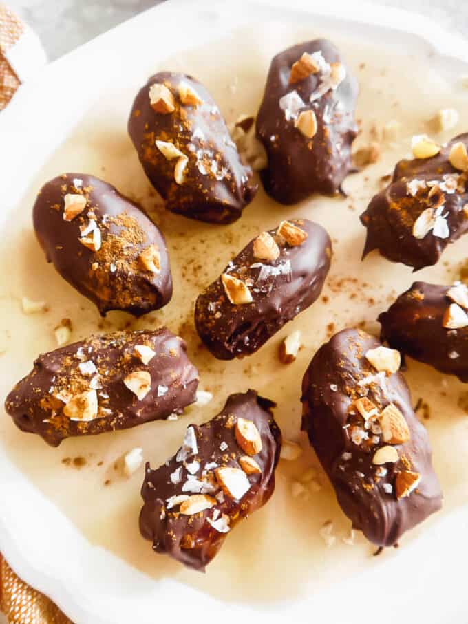 Chocolate Covered Pumpkin Stuffed Dates on a plate