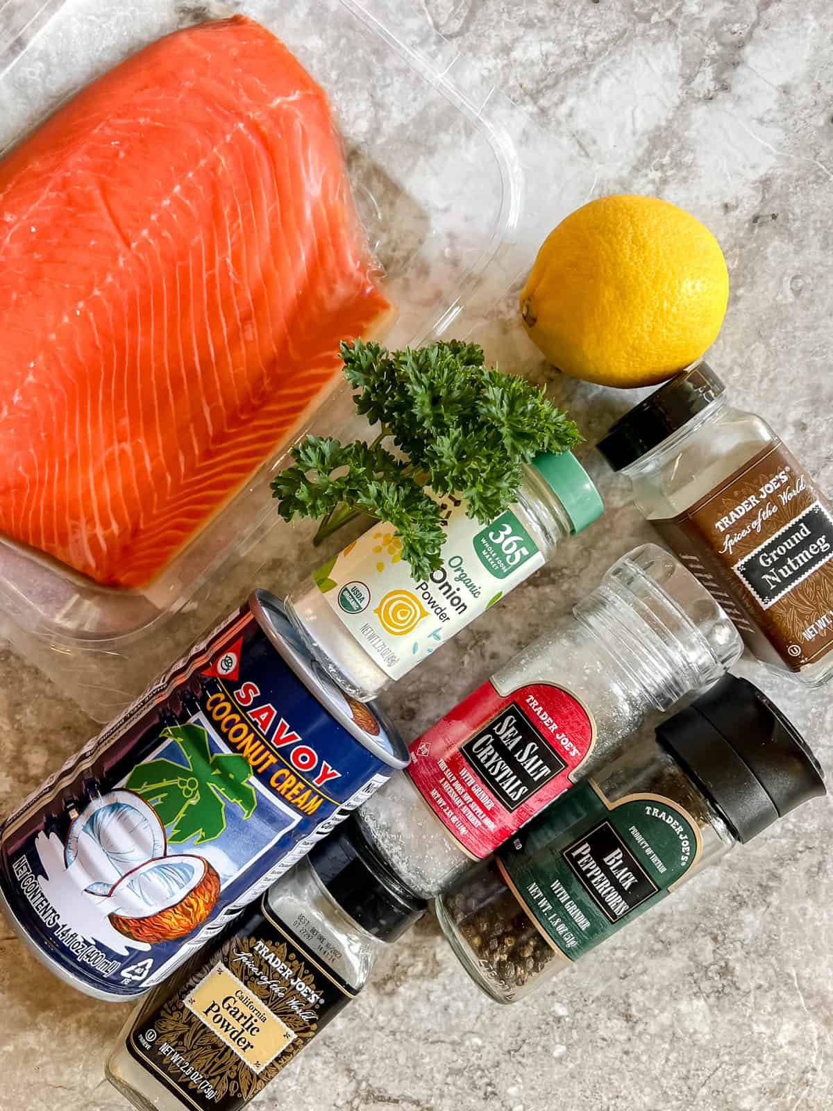 Ingredients needed to make Salmon with Coconut Cream Sauce.