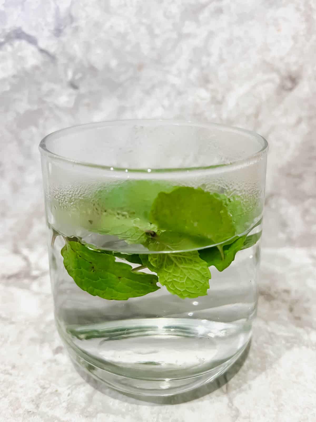 Hot water in a glass with mint leaves inside.