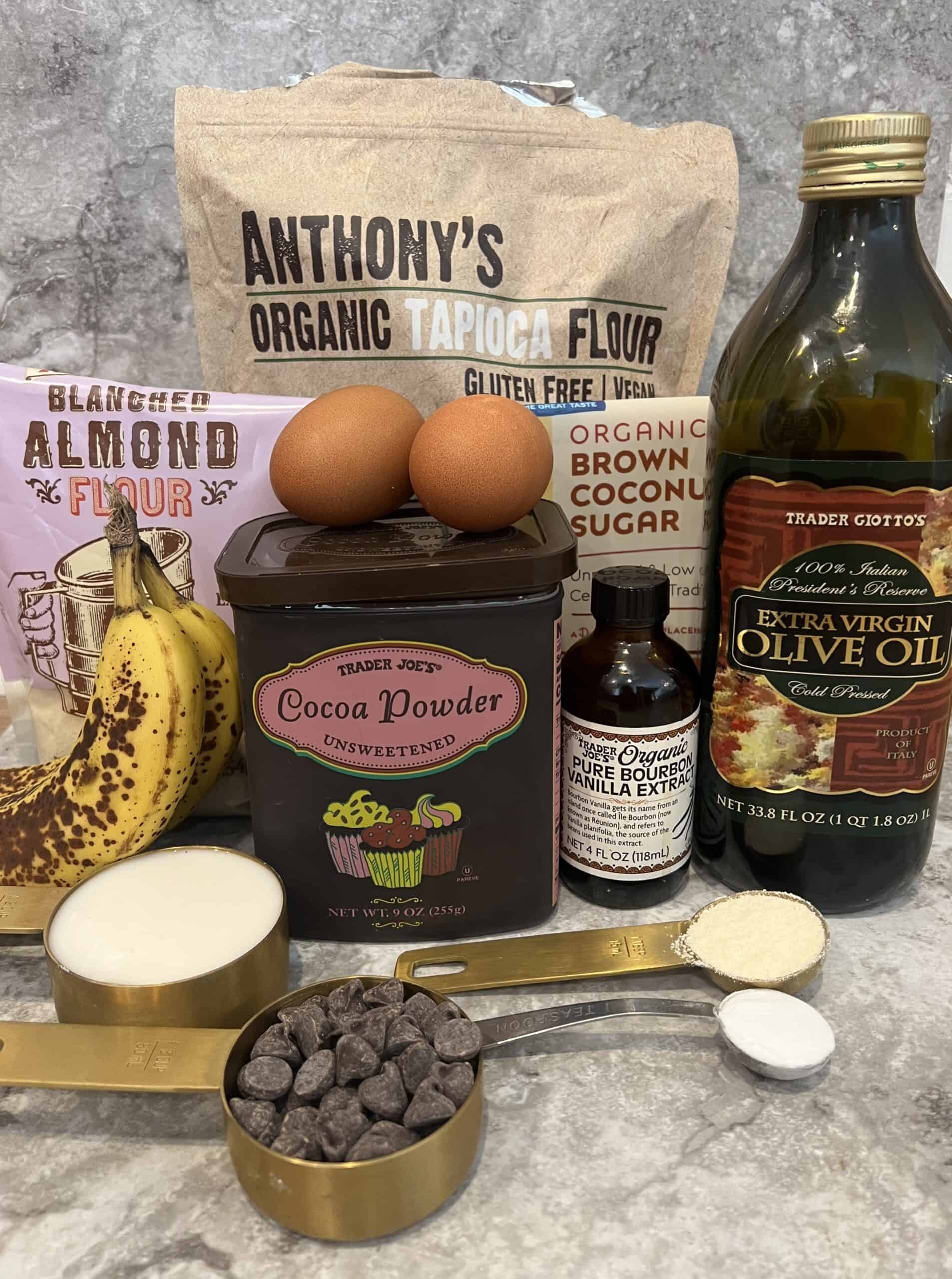 Ingredients needed to make healthy chocolate banana muffins.