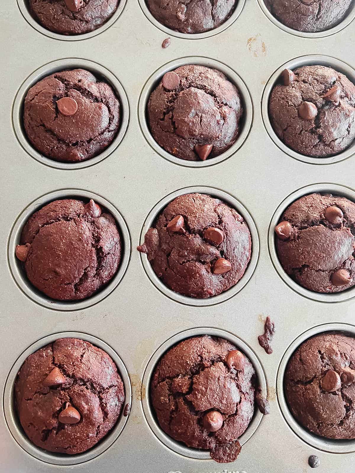 Paleo chocolate muffin batter in muffin tins after baking.