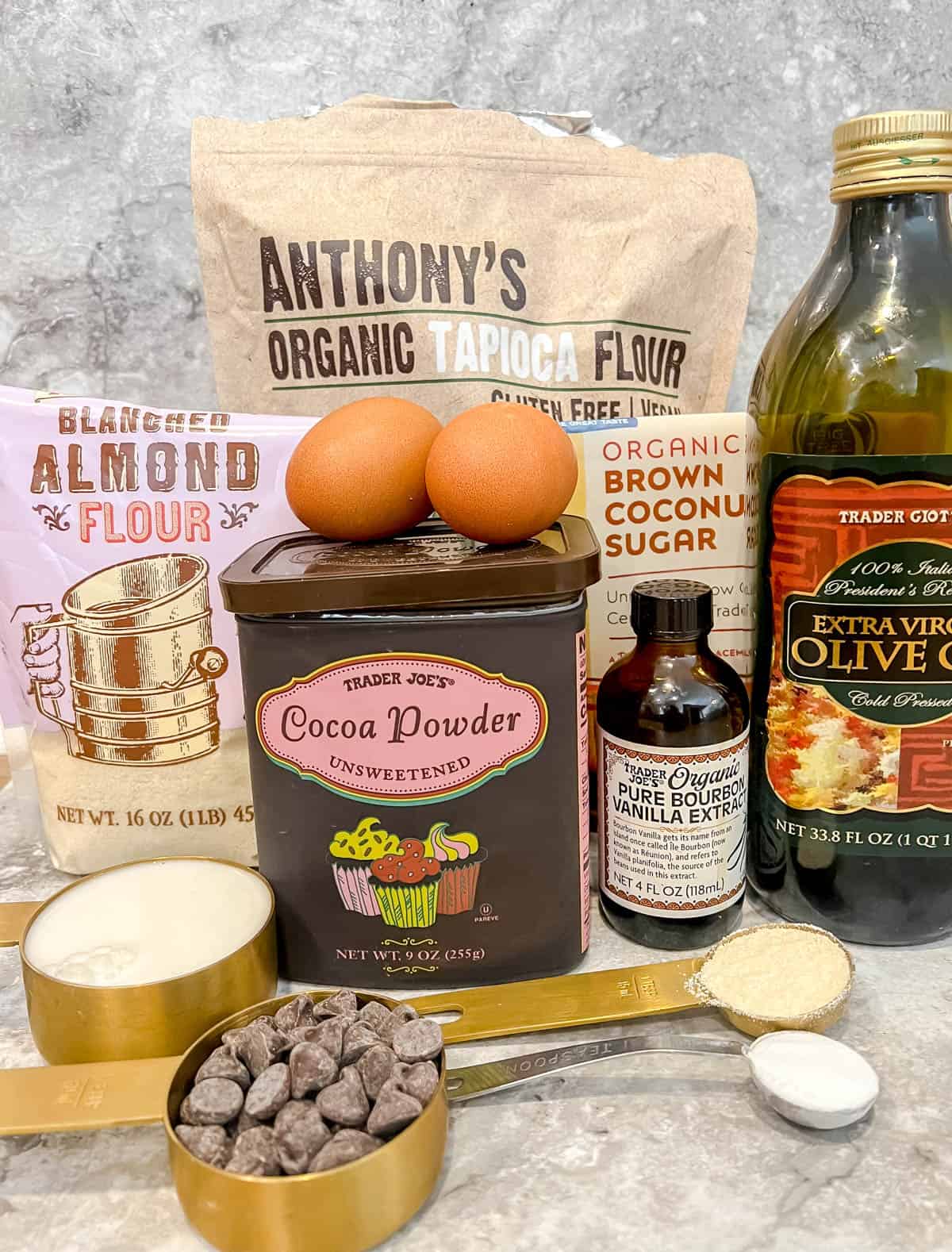 Ingredients needed to make gluten-free chocolate muffins.
