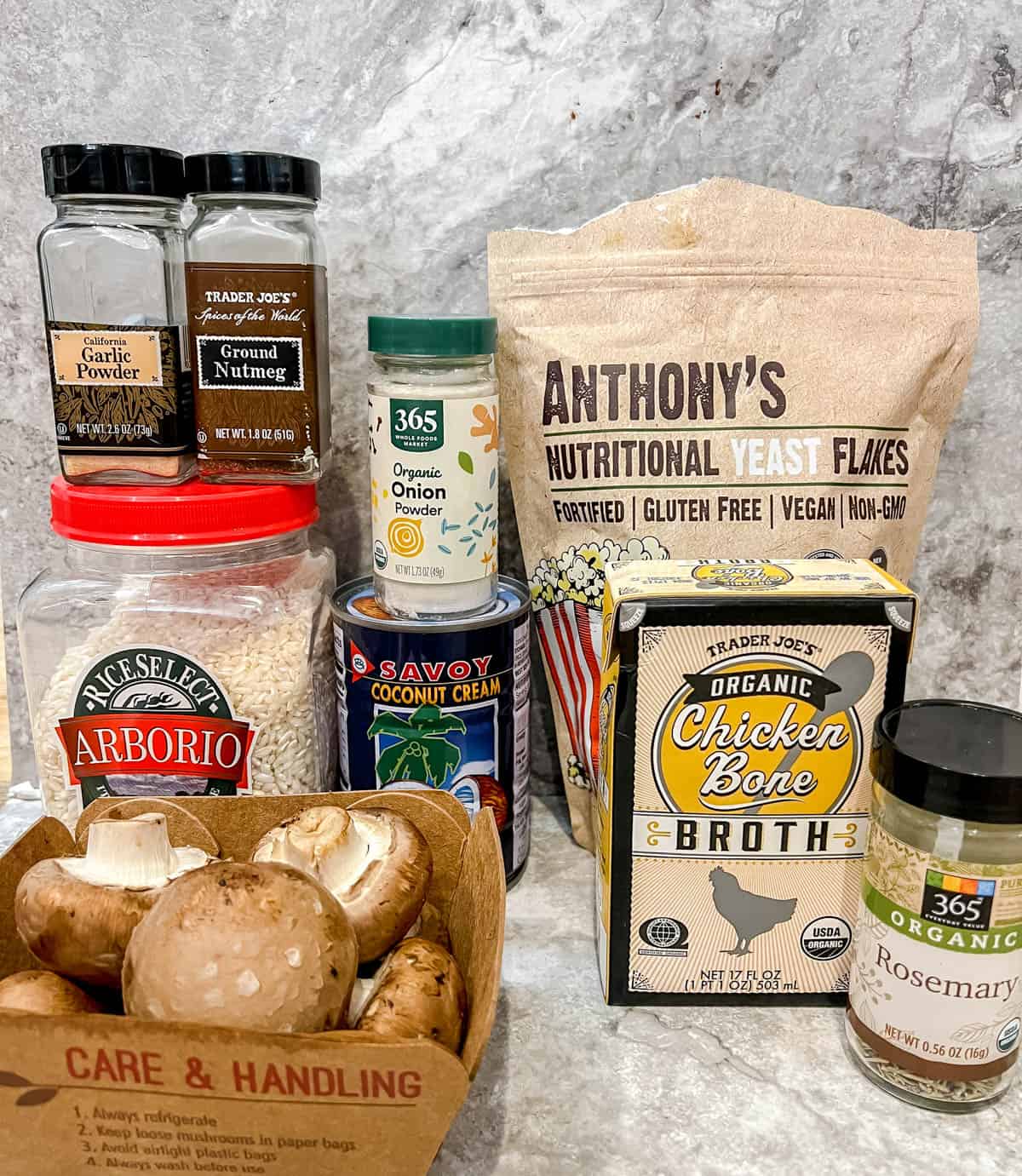 Ingredients needed to make dairy free mushroom risotto.