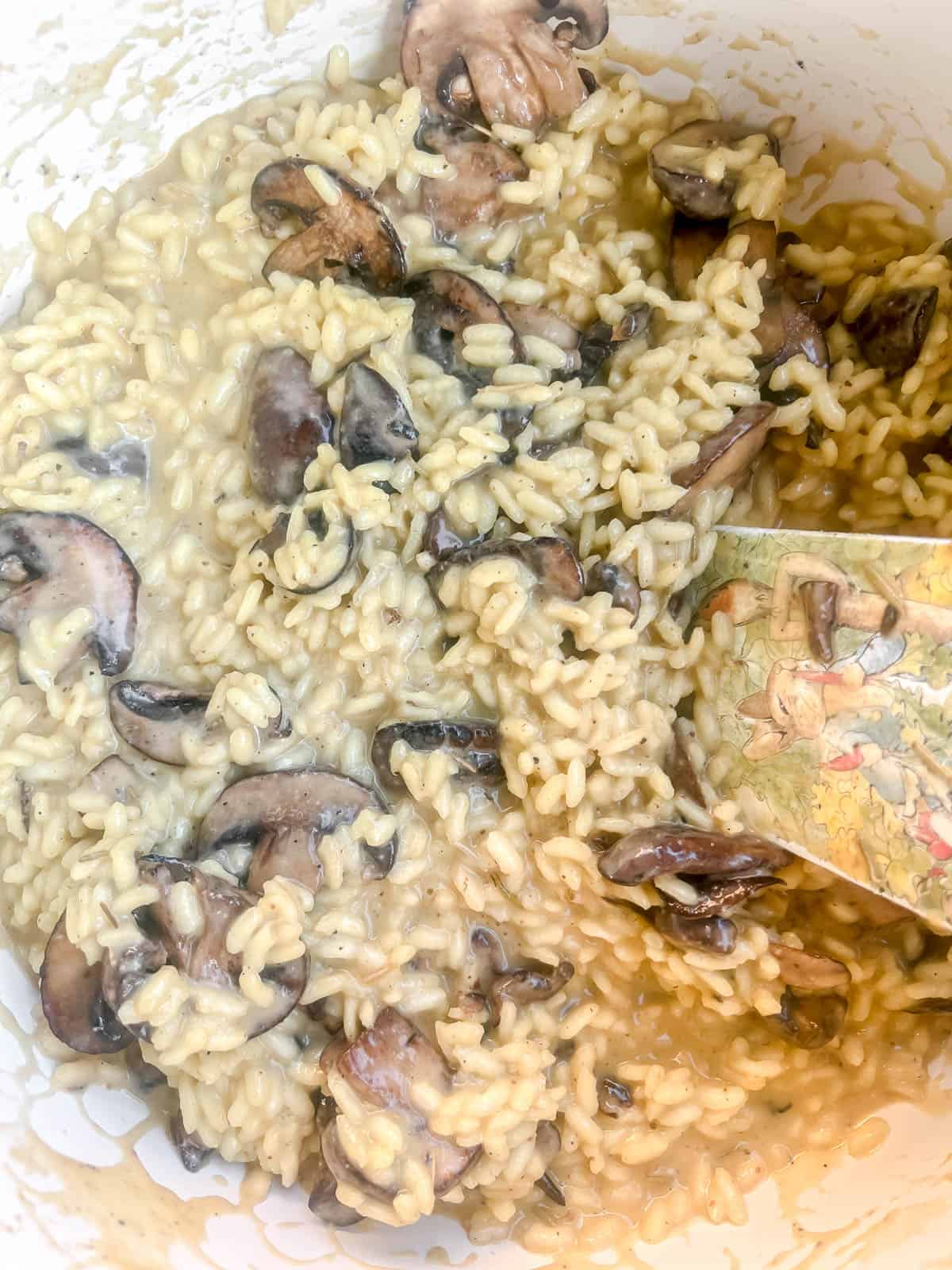 Finished mushroom risotto without cheese in a pot.