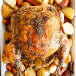 Lemon thyme roast chicken with root vegetables after cooking.