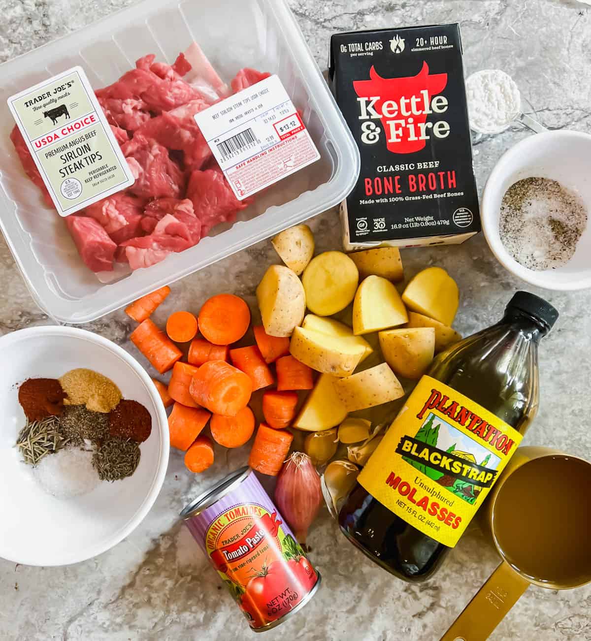 Ingredients needed to make healthy Irish beef stew.