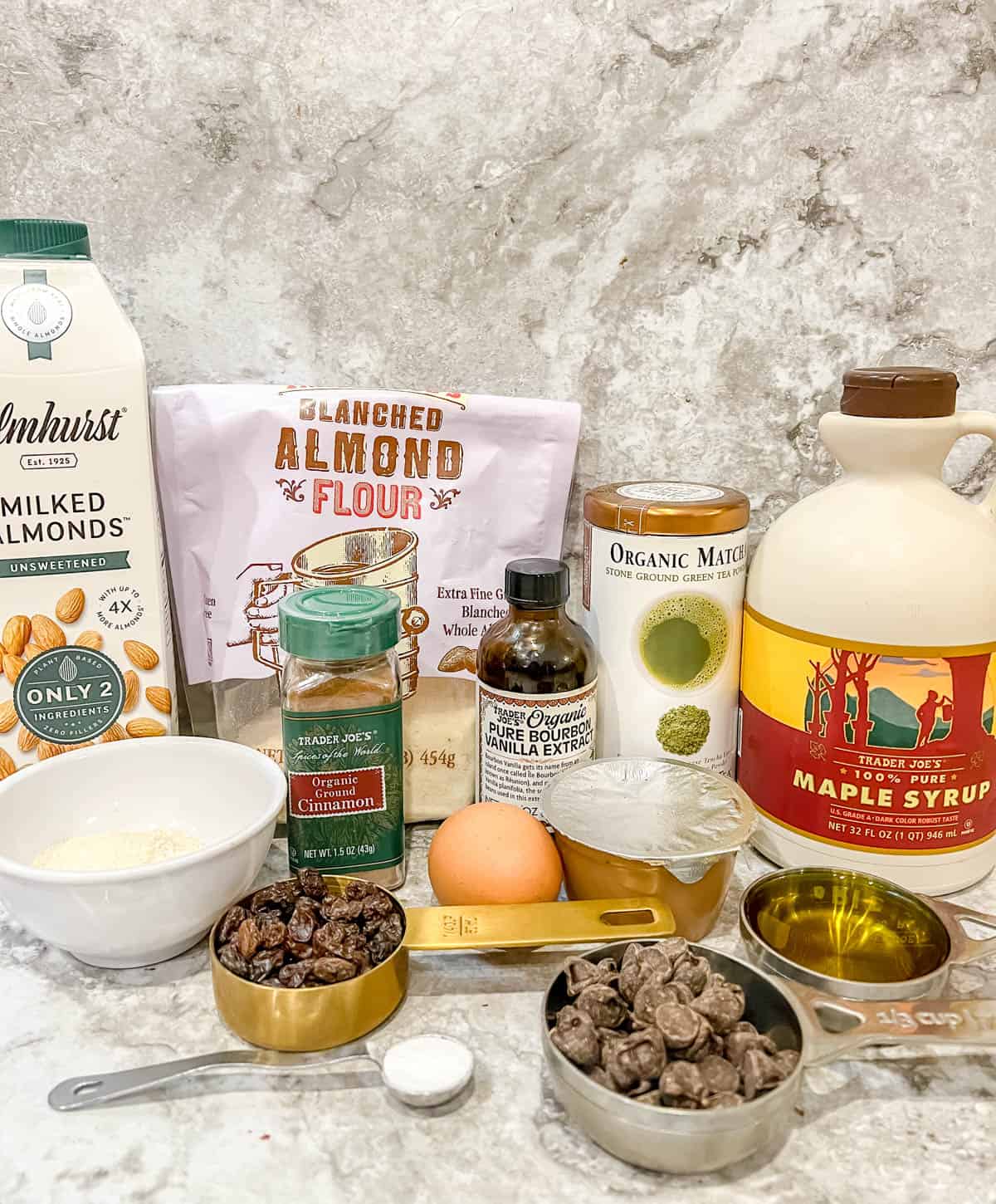 Ingredients needed to make almond flour matcha brownies.